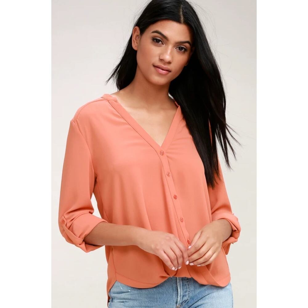 Lulus Rush Hour Coral Pink Button-Up Top Woven V-Neck Loose Blouse Womens Size L